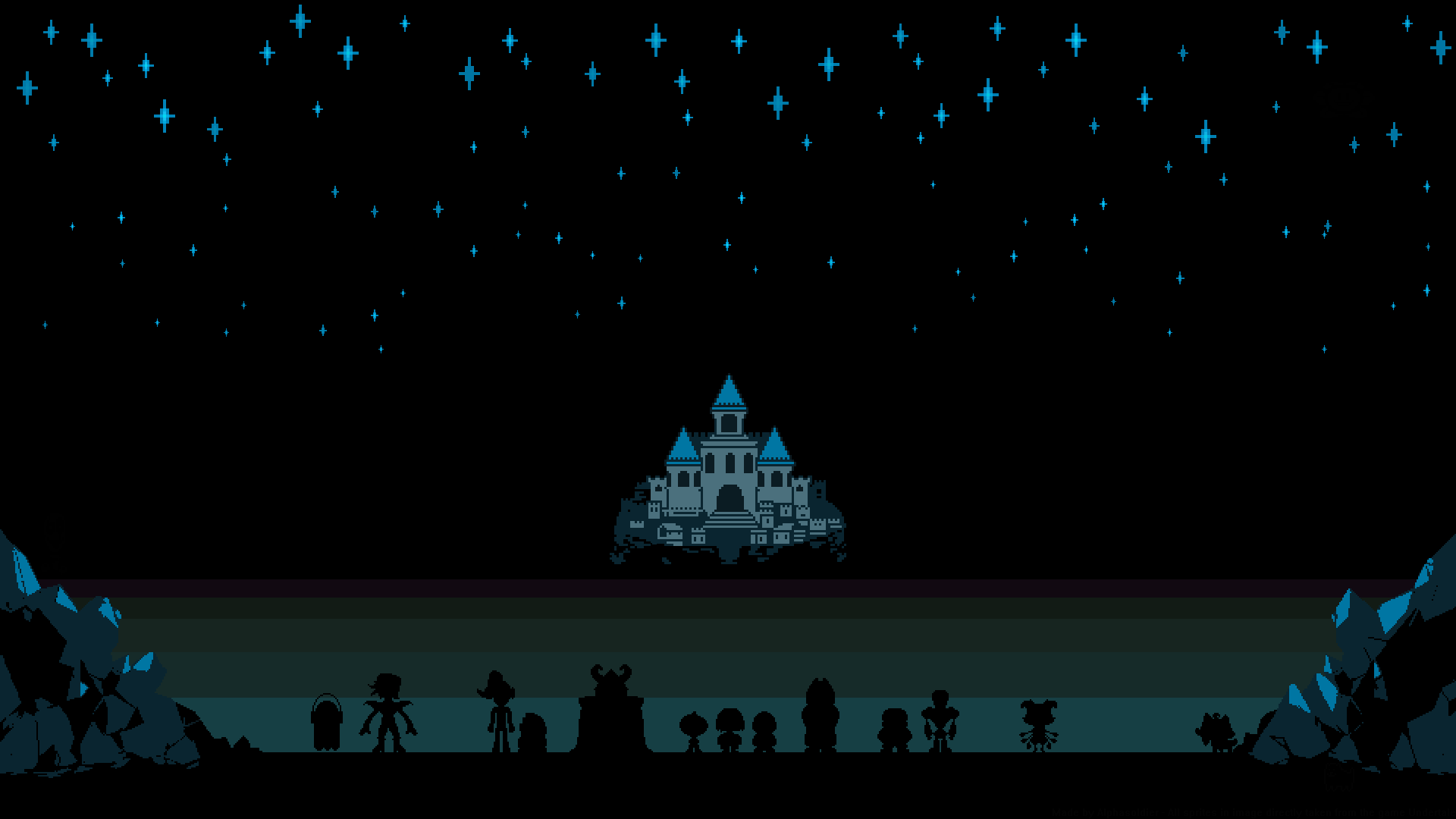 castillo al horizonte con fondo azul en 8 bits